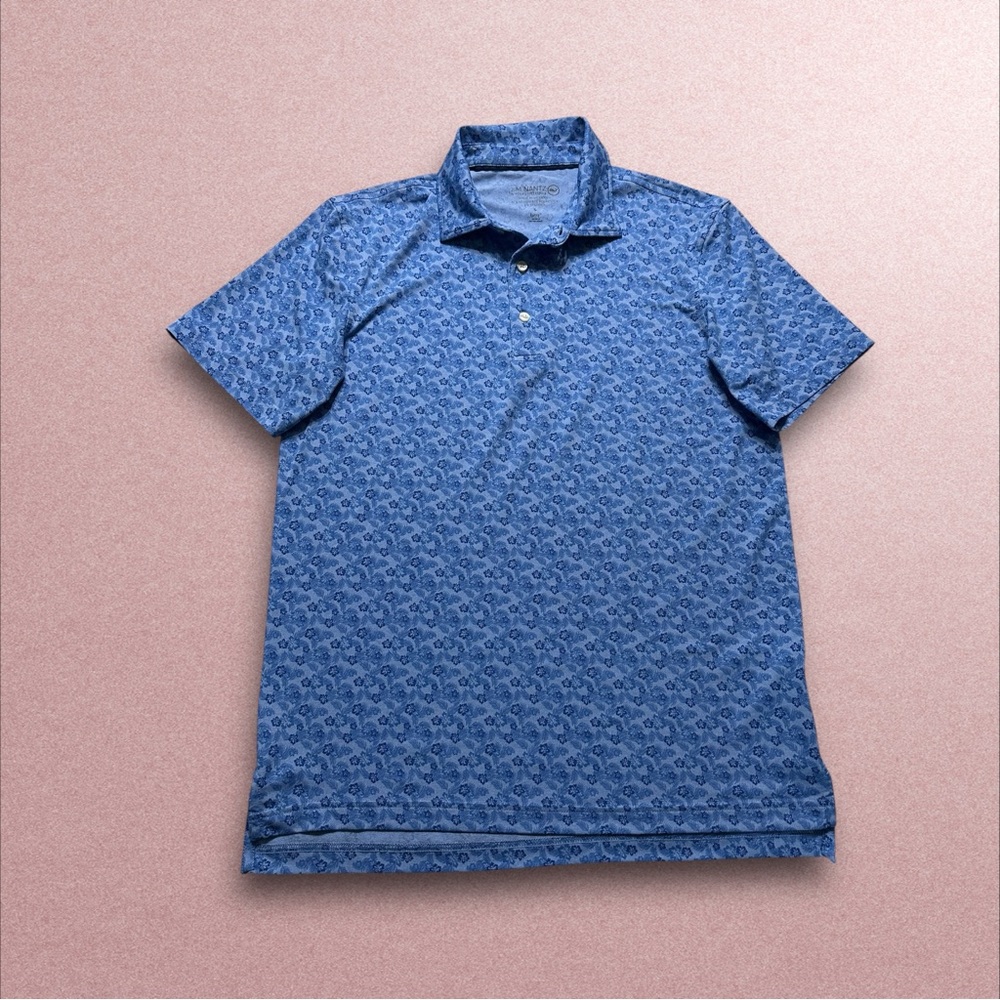 jim nantz vineyard vines polo shirt men’s small blue short sleeve geometric golf